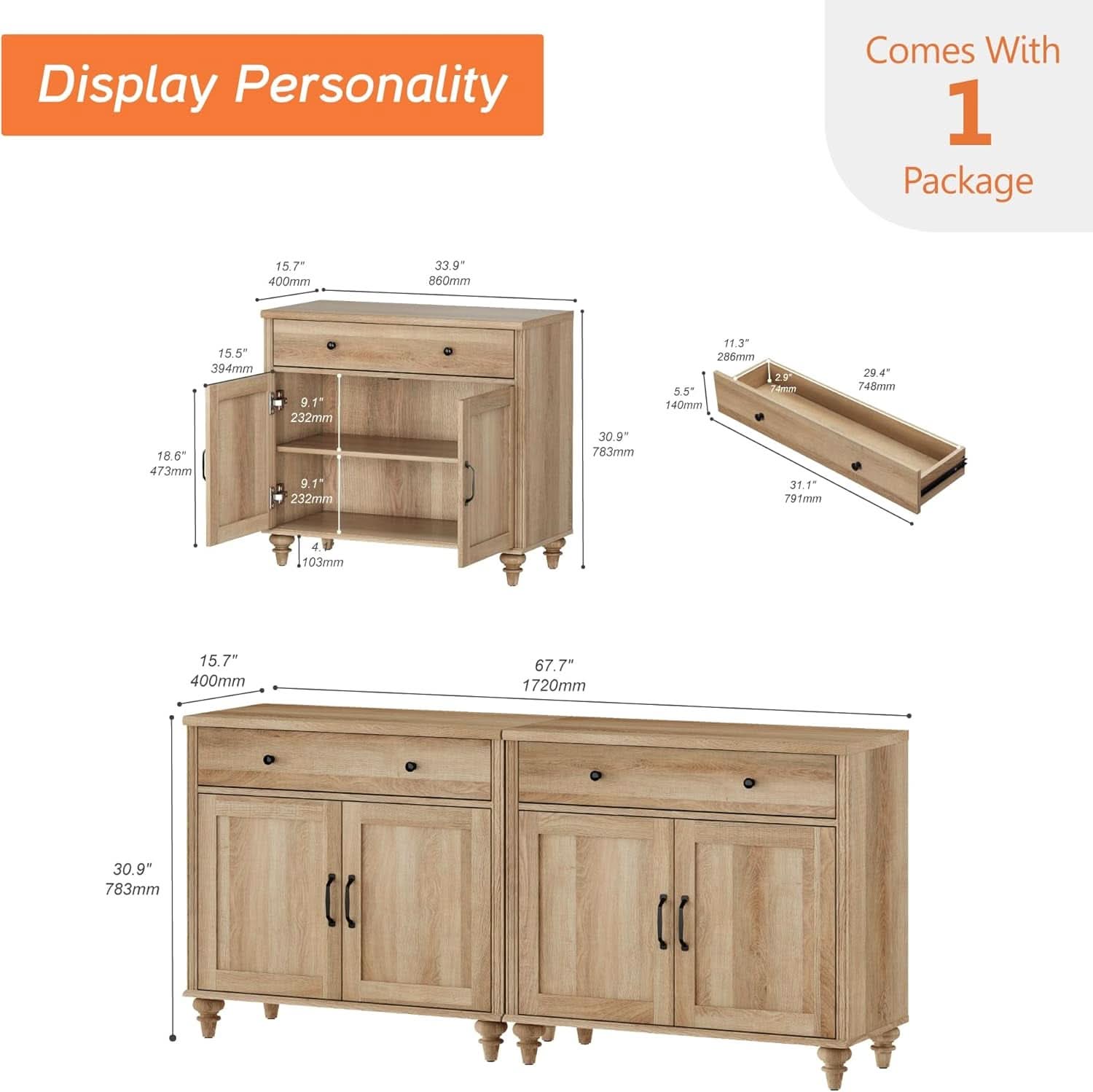 Oak Buffet Cabinet 68 Inch With 4 Doors And 2 Drawers