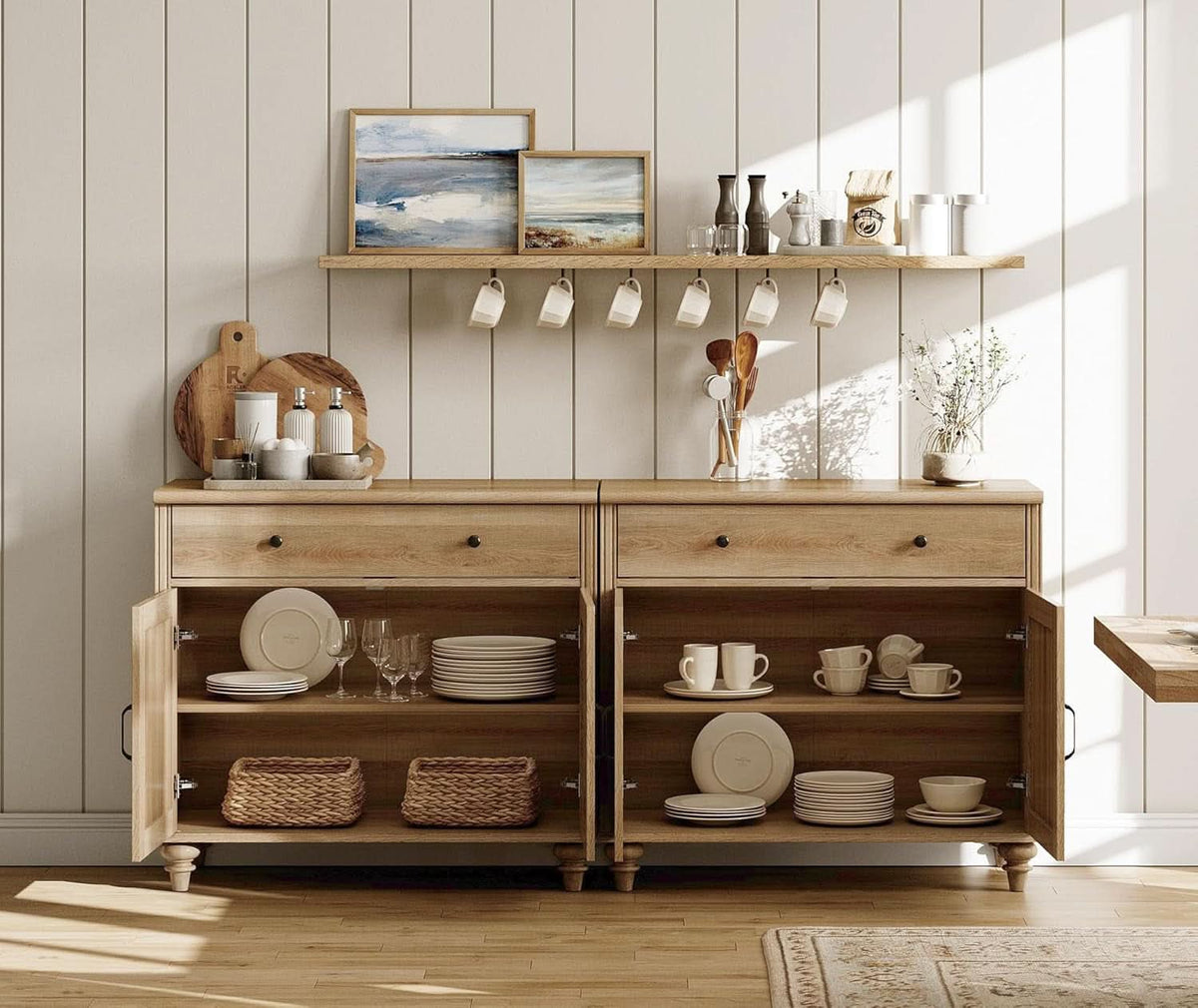 Oak Buffet Cabinet 68 Inch With 4 Doors And 2 Drawers