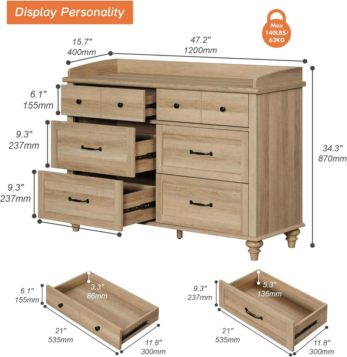 Oak Dresser With Six Deep Drawers Storage Unit For Bedroom