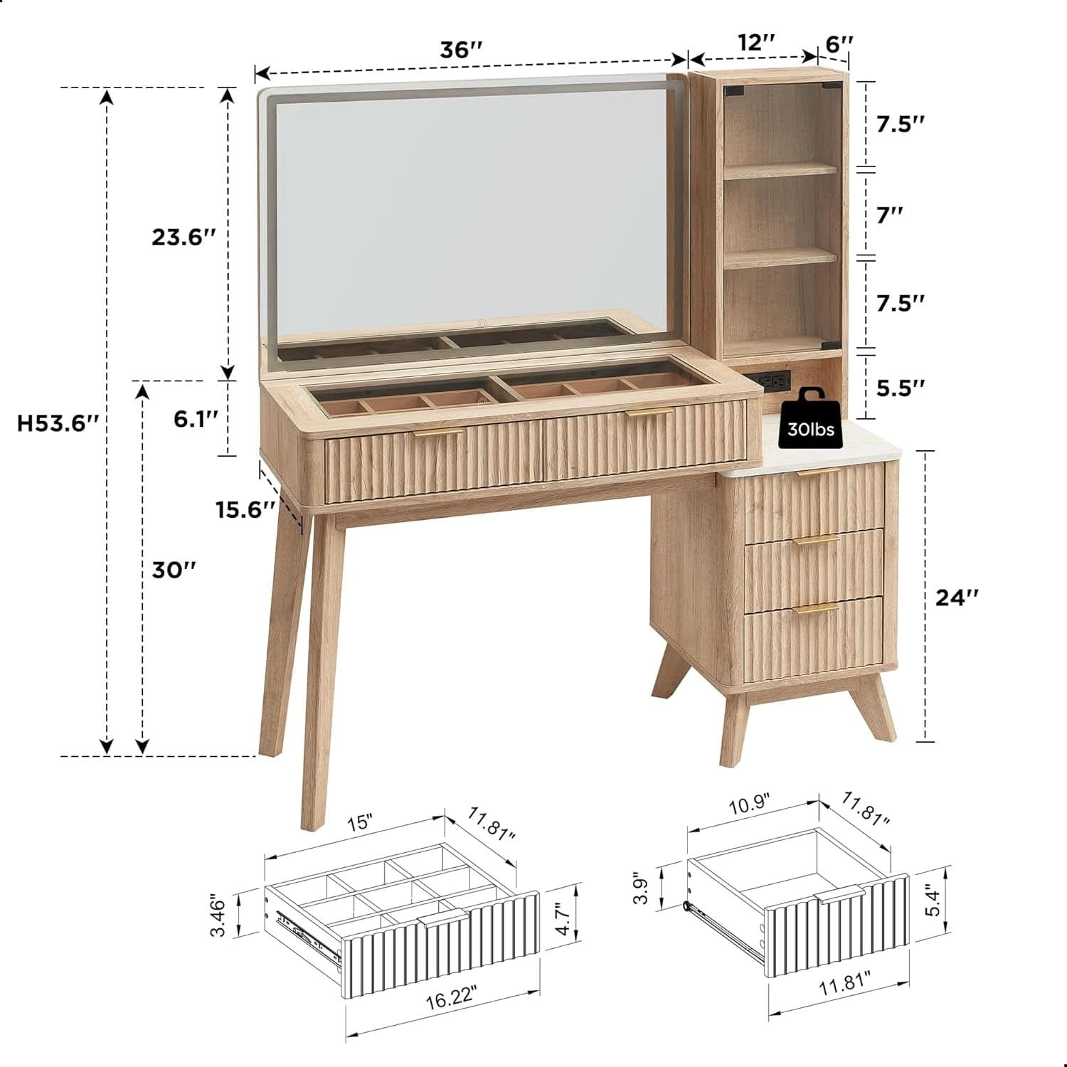 Oak Fluted Makeup Vanity 48 Inch With Lighted Mirror