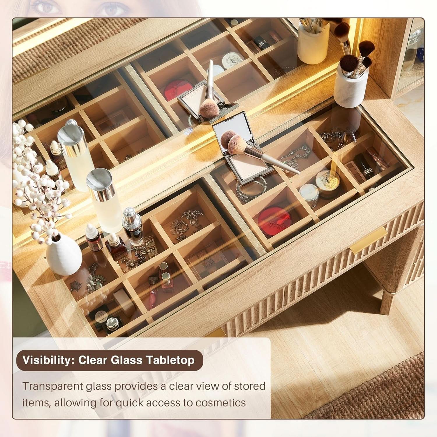 Oak Fluted Makeup Vanity 48 Inch With Lighted Mirror