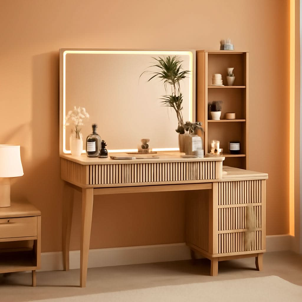 Oak Fluted Makeup Vanity 48 Inch With Lighted Mirror
