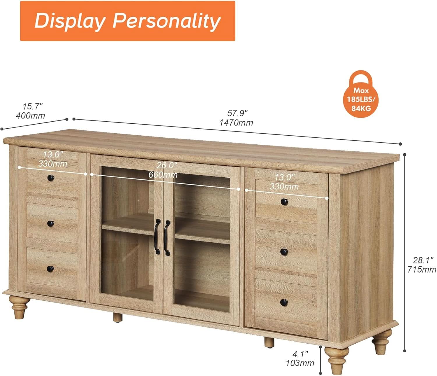 Oak Glass Door Farmhouse TV Stand For 75 Inch TVs Console