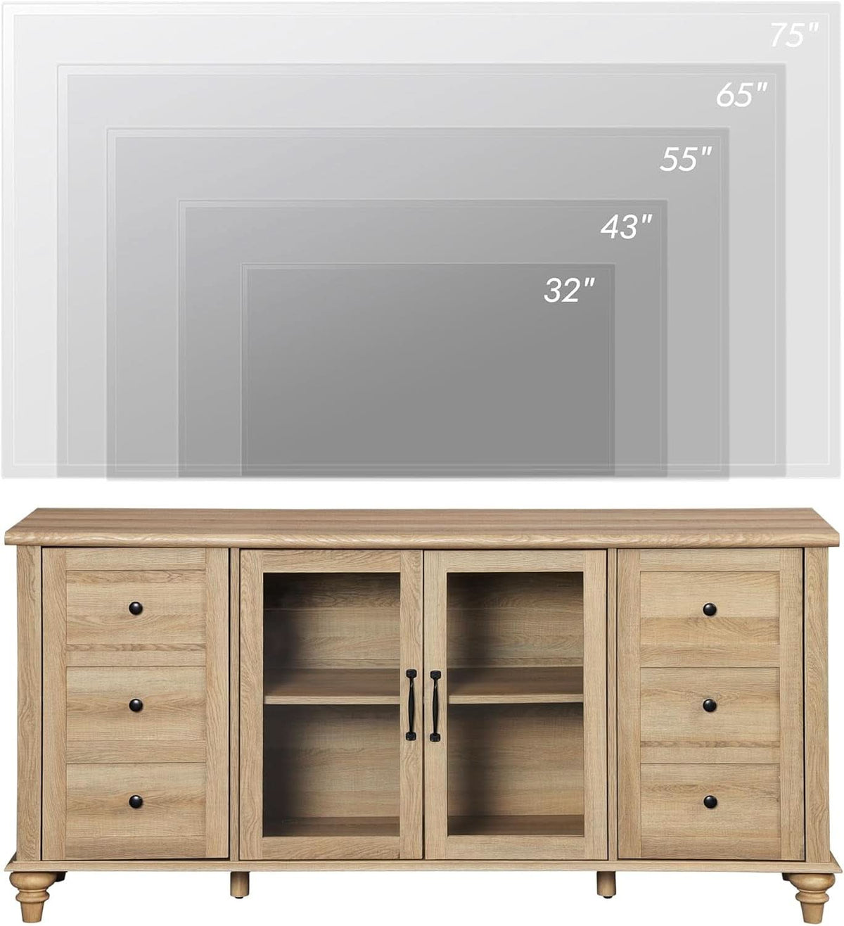 Oak Glass Door Farmhouse TV Stand For 75 Inch TVs Console