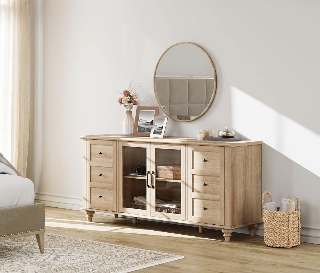 Oak Glass Door Farmhouse TV Stand For 75 Inch TVs Console