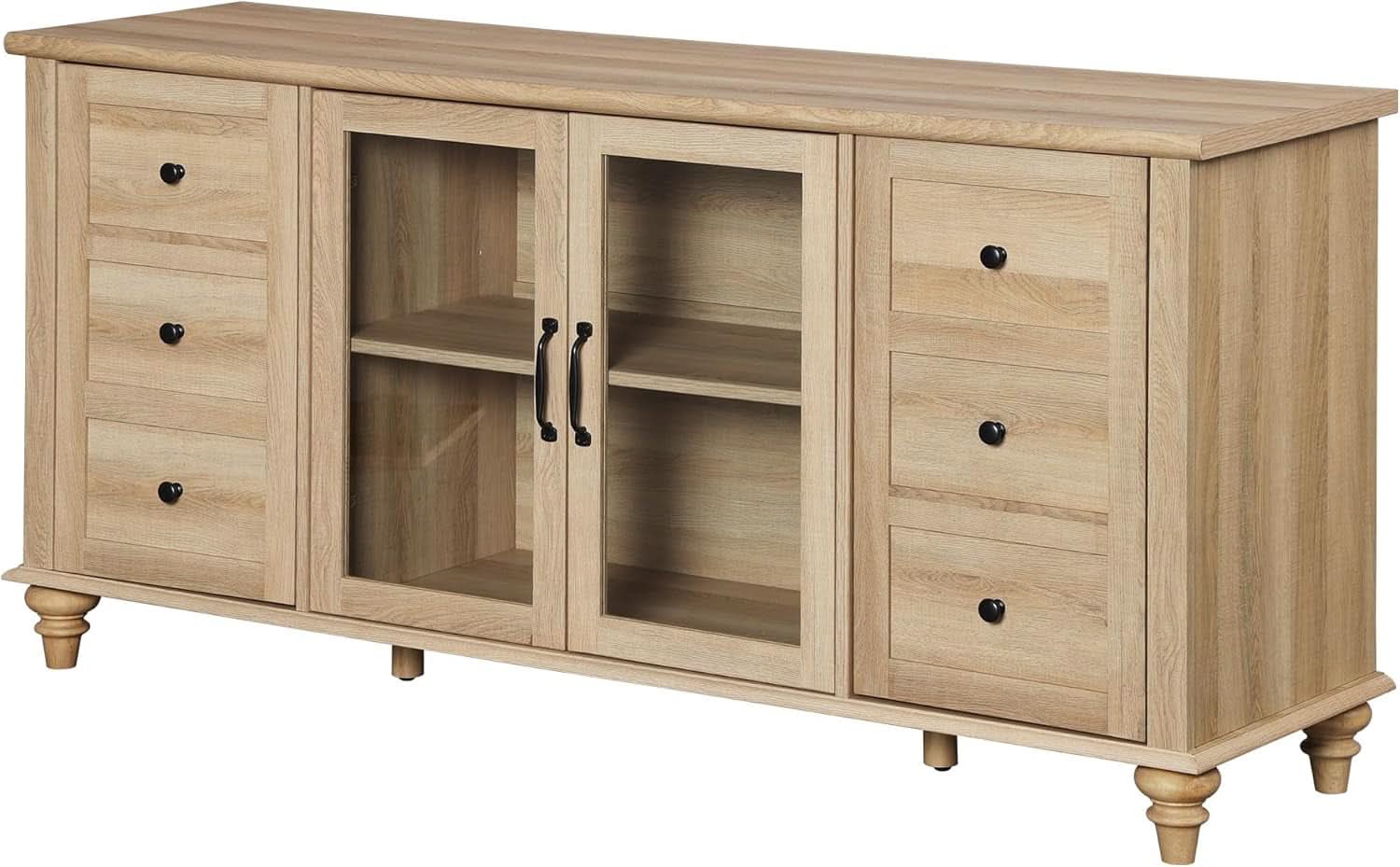 Oak Glass Door Farmhouse TV Stand For 75 Inch TVs Console