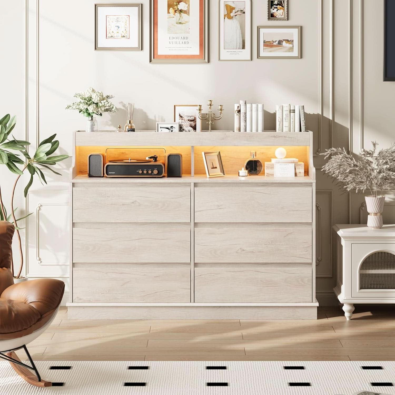 Oak Interlocking Six Drawer Dresser With LED Lighting