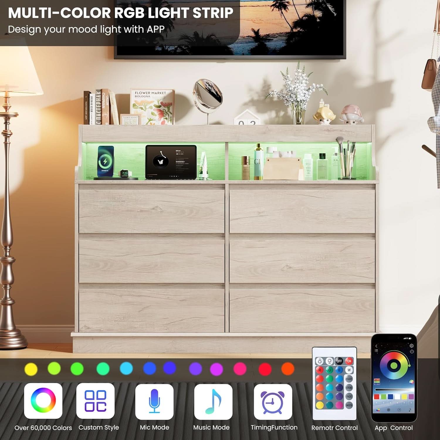 Oak Interlocking Six Drawer Dresser With LED Lighting