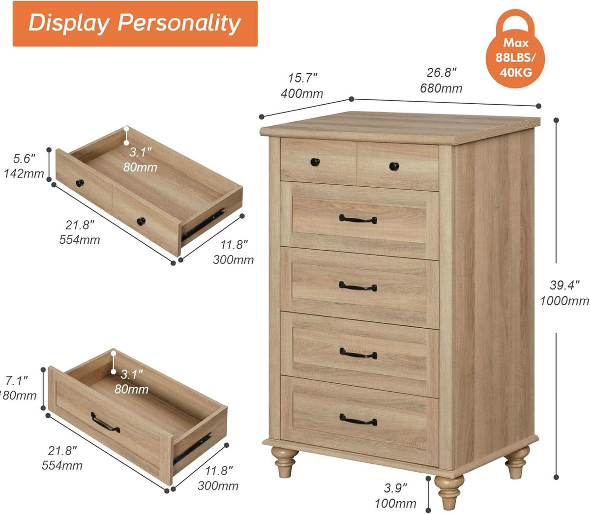 Oak Midcentury Dresser Five Drawers Storage Organizer