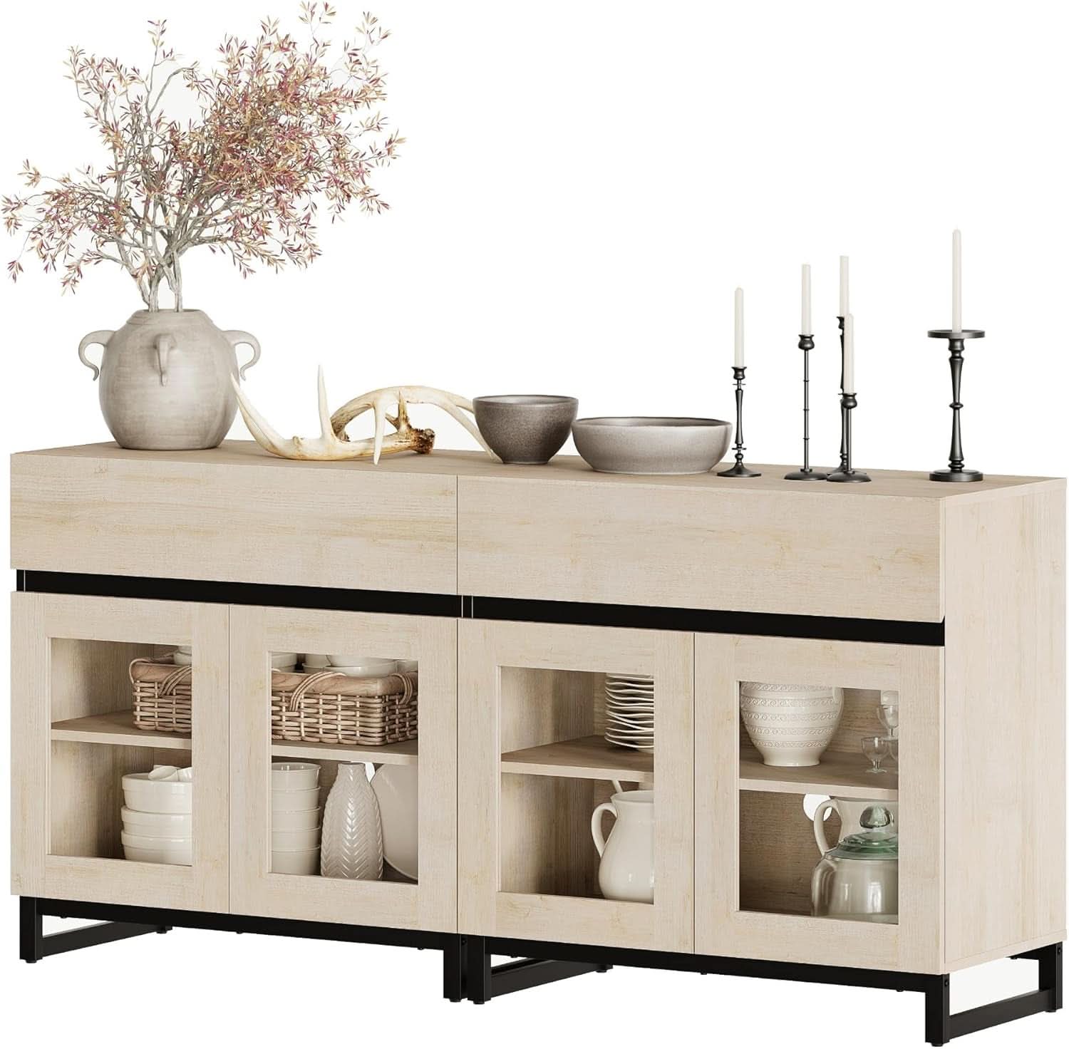 Oak Sideboard Buffet With Glass Doors Light Finish