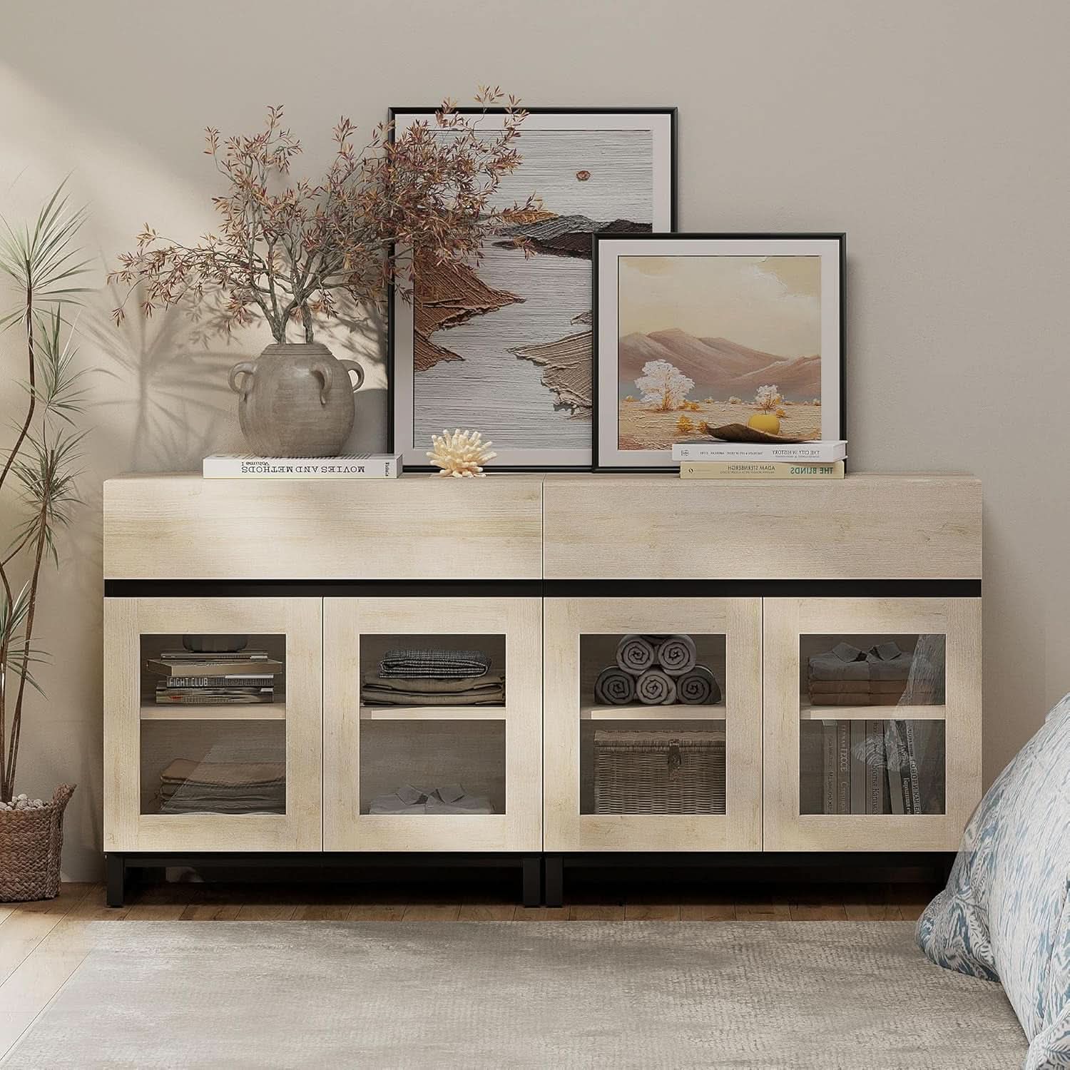 Oak Sideboard Buffet With Glass Doors Light Finish