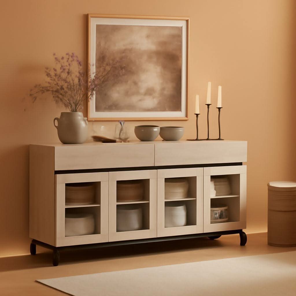 Oak Sideboard Buffet With Glass Doors Light Finish
