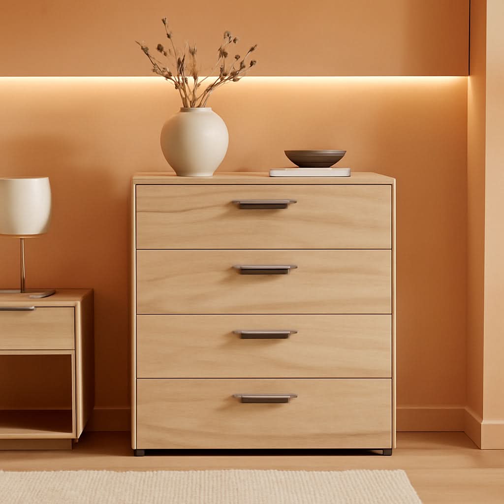 Oak Structure Four Drawer Chest With Silver Bar Handles