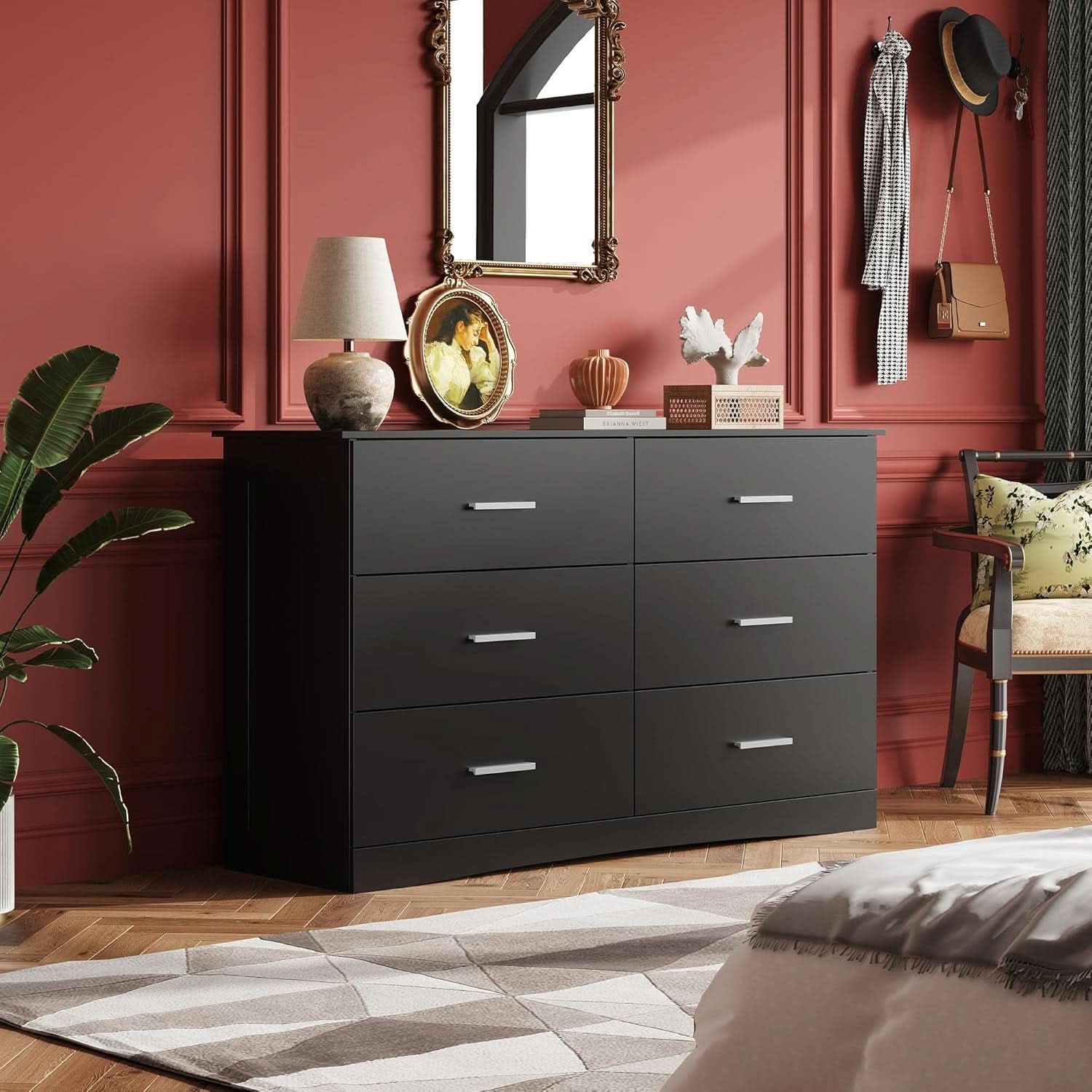 Oak Wood Dresser With 6 Drawers Black Finish For Bedroom