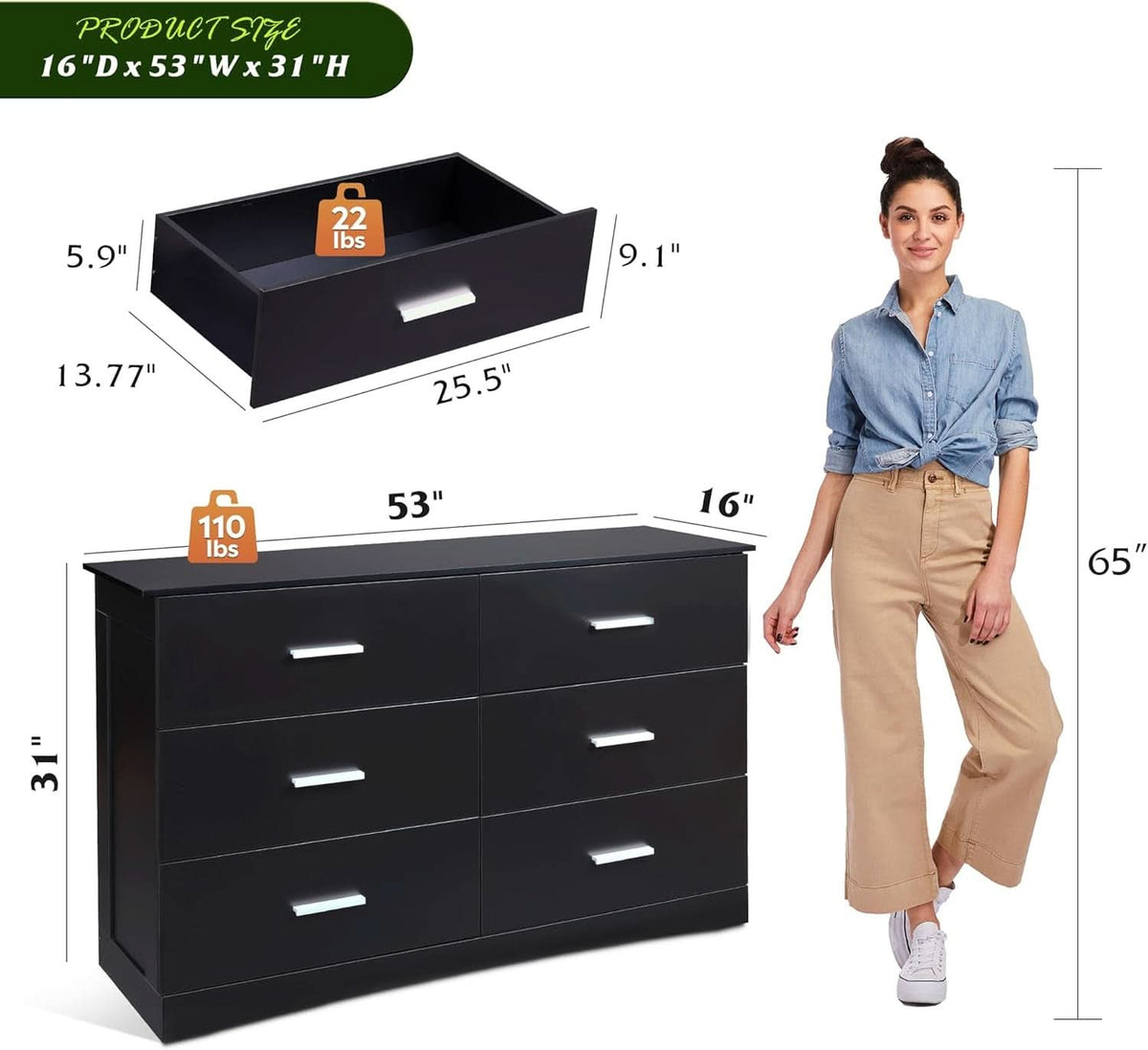 Oak Wood Dresser With 6 Drawers Black Finish For Bedroom