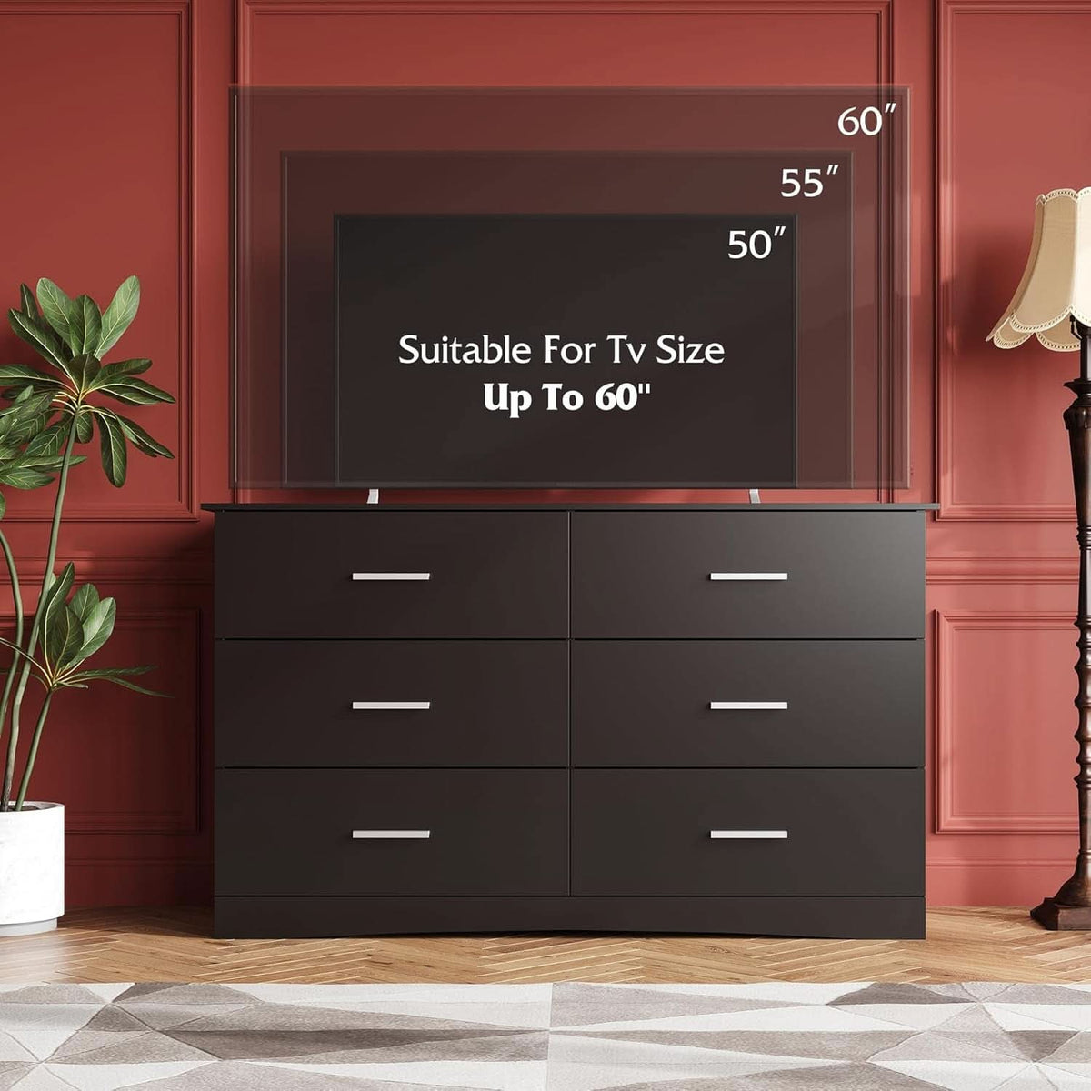 Oak Wood Dresser With 6 Drawers Black Finish For Bedroom