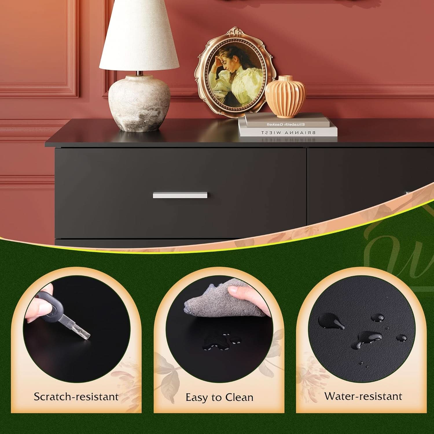Oak Wood Dresser With 6 Drawers Black Finish For Bedroom