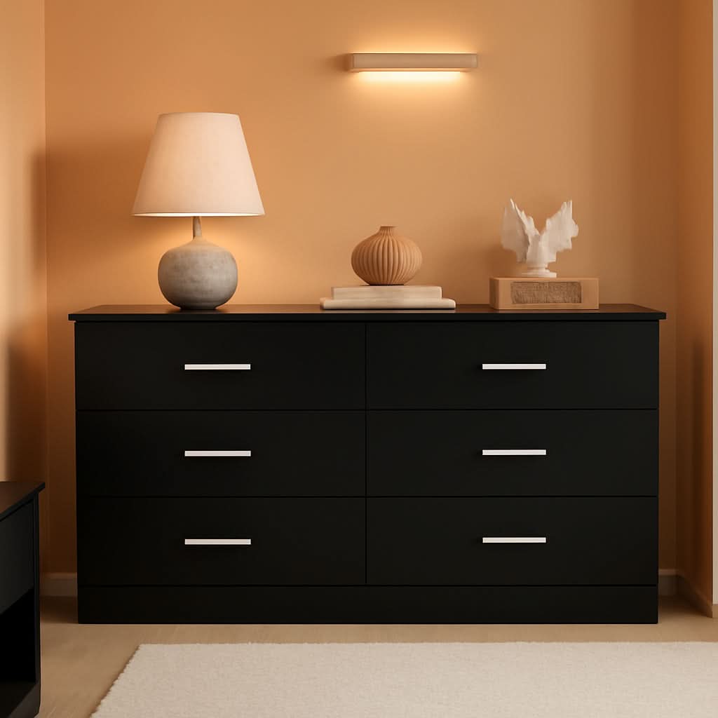 Oak Wood Dresser With 6 Drawers Black Finish For Bedroom
