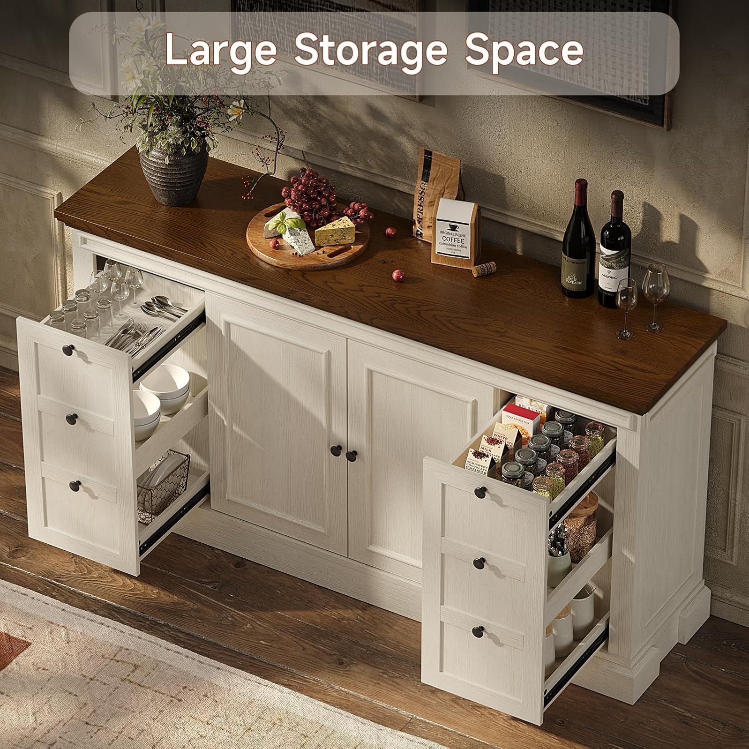 Off White 63 Inch Sideboard Buffet Cabinet For Dining Room