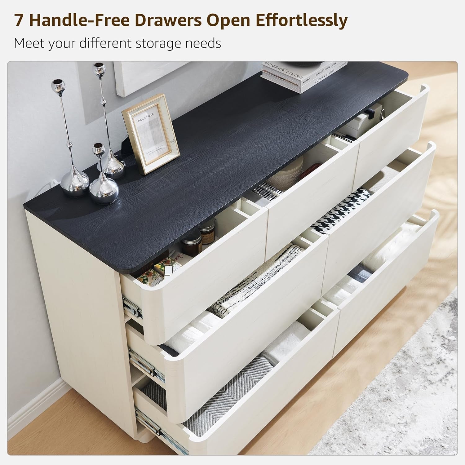 Off White Handleless Dresser With Curved Profile For Home