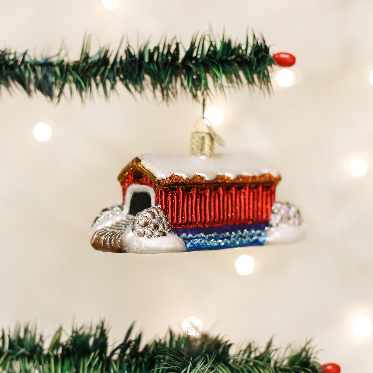 Old World Christmas Covered Bridge Glass Blown Ornament