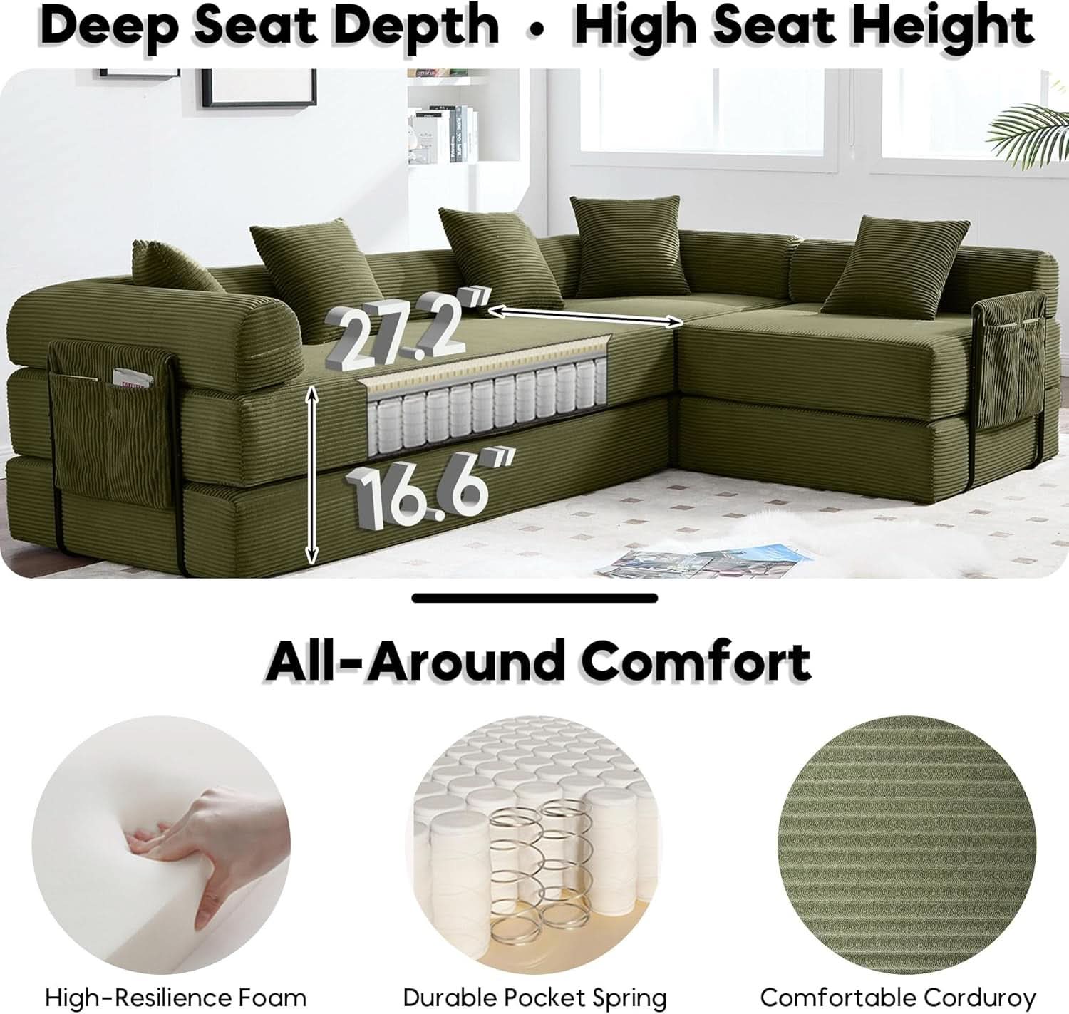 Olive Green Corduroy Premium Modular Sleeper SofaBed
