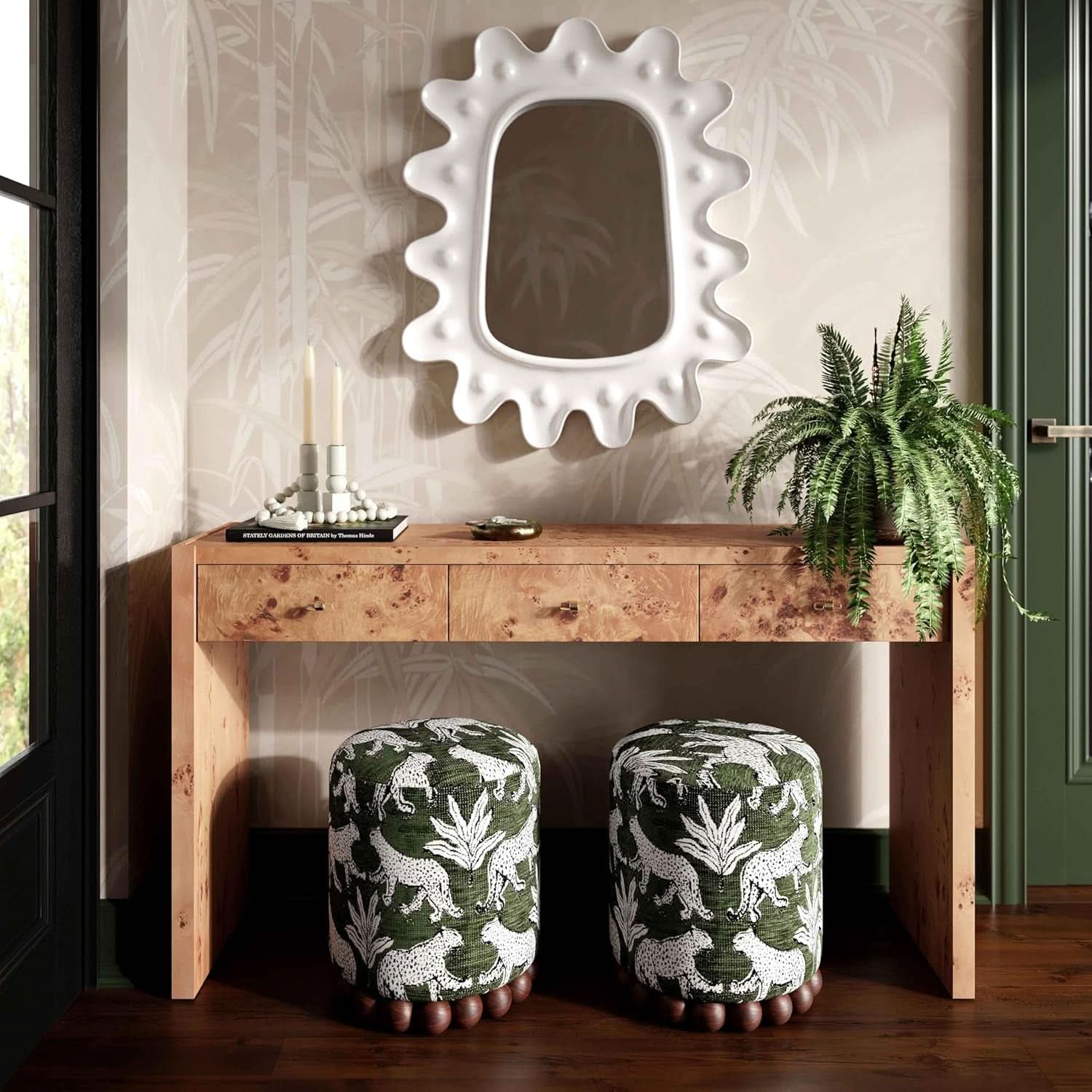 Olive Green Leopard Jacquard Ottoman Room Furniture