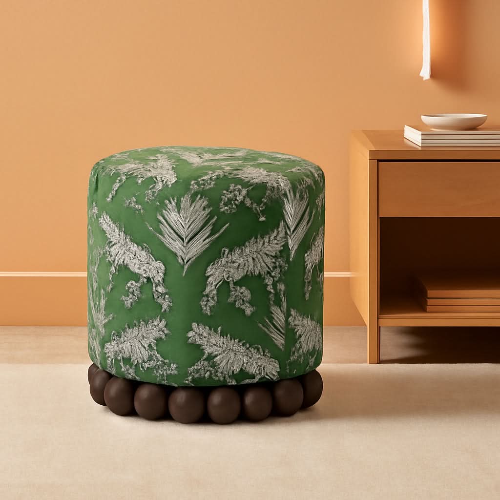 Olive Green Leopard Jacquard Ottoman Room Furniture