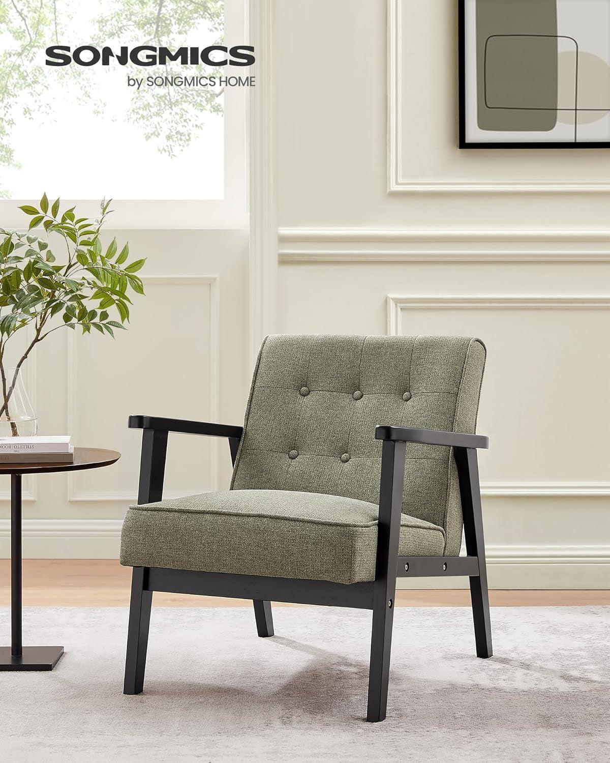 Olive Green Mid Century Modern Arm Chair With Wood Armrests