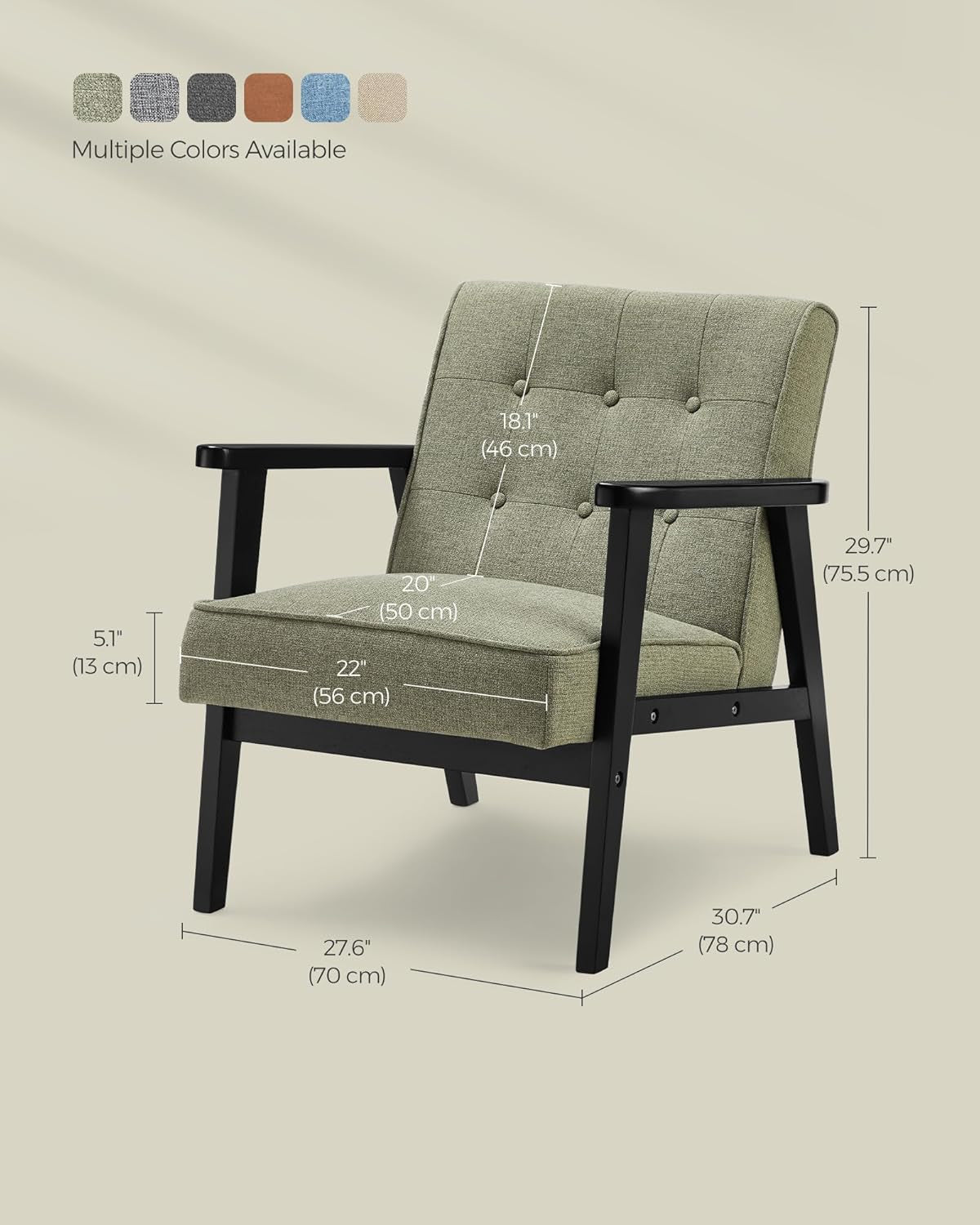 Olive Green Mid Century Modern Arm Chair With Wood Armrests