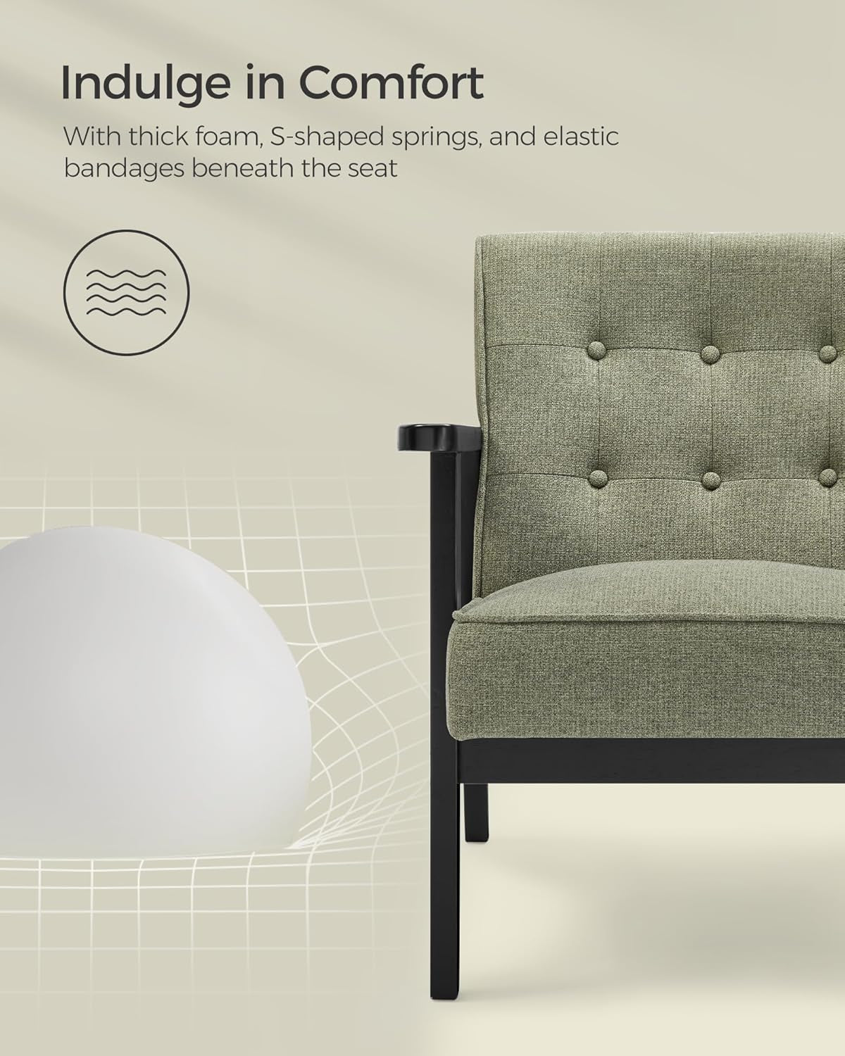 Olive Green Mid Century Modern Arm Chair With Wood Armrests