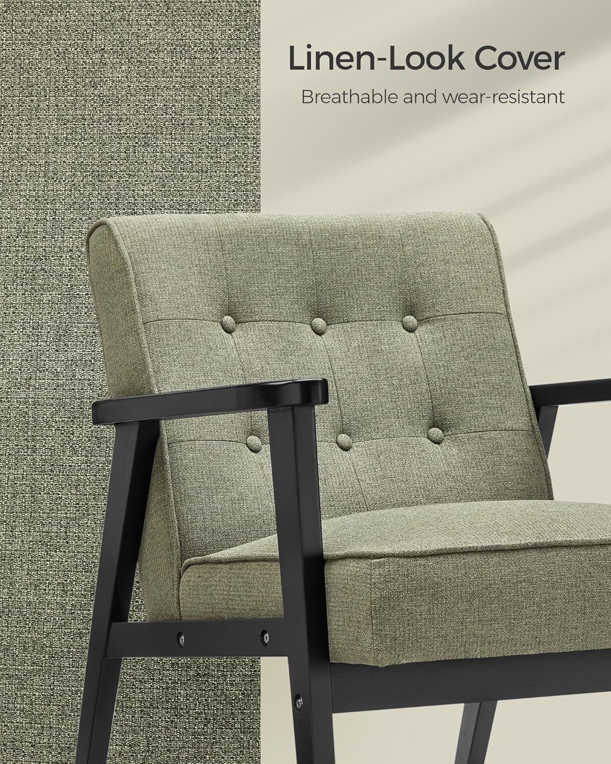 Olive Green Mid Century Modern Arm Chair With Wood Armrests