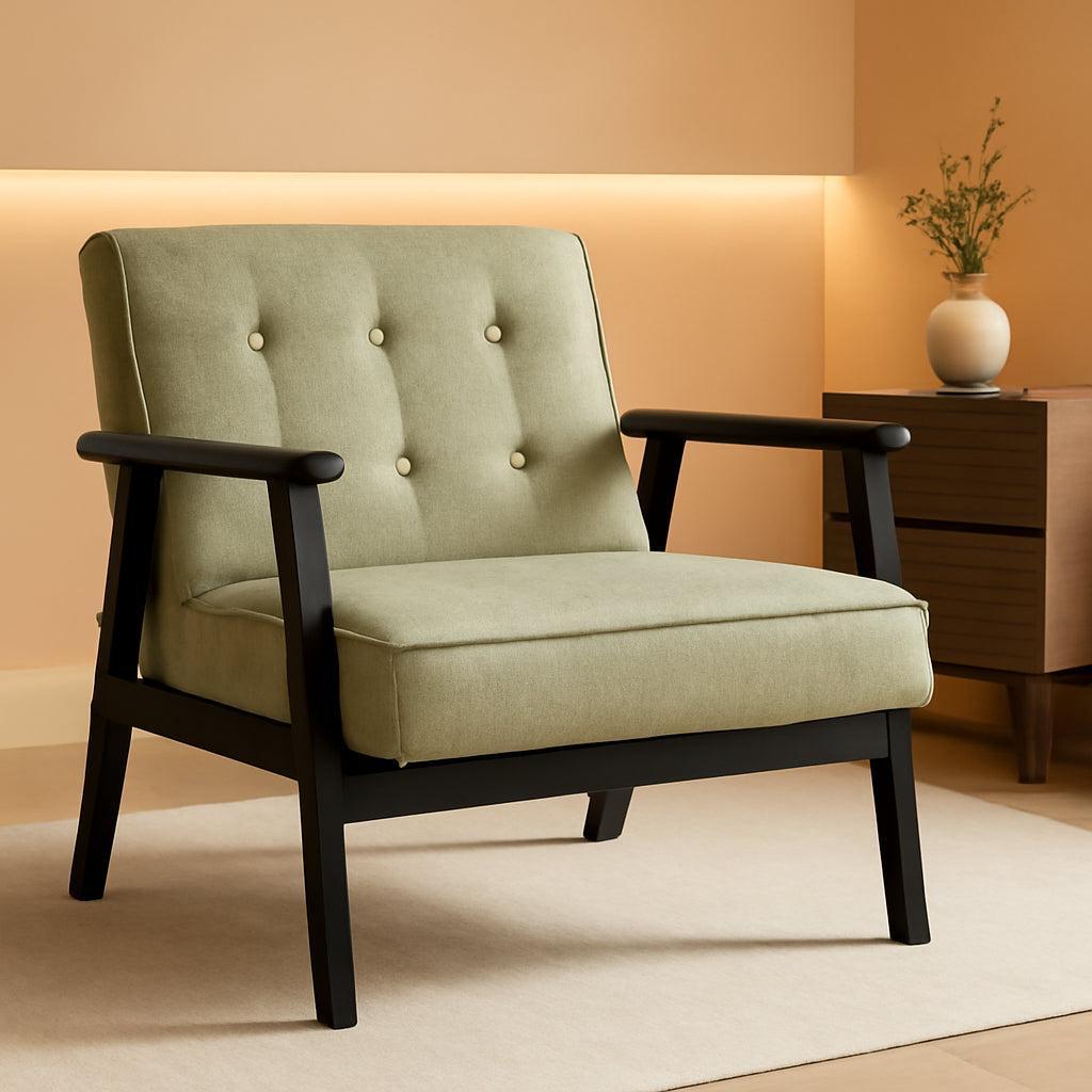 Olive Green Mid Century Modern Arm Chair With Wood Armrests