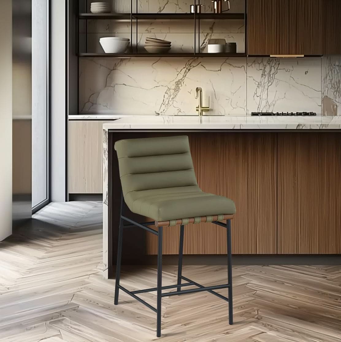 Olive Green Vegan Leather Counter Stool With Black Frame