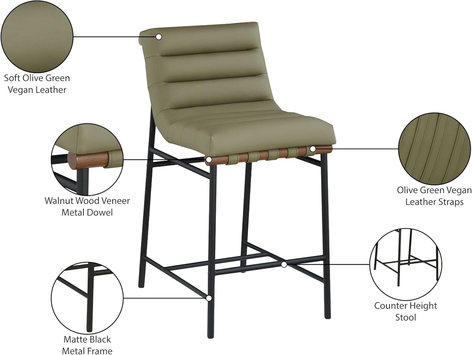 Olive Green Vegan Leather Counter Stool With Black Frame