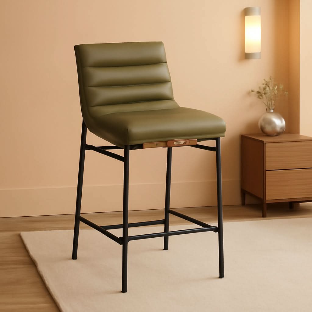 Olive Green Vegan Leather Counter Stool With Black Frame