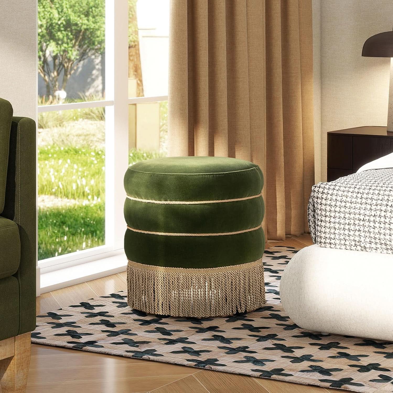 Olive Performance Velvet Round Ottoman With Fringe