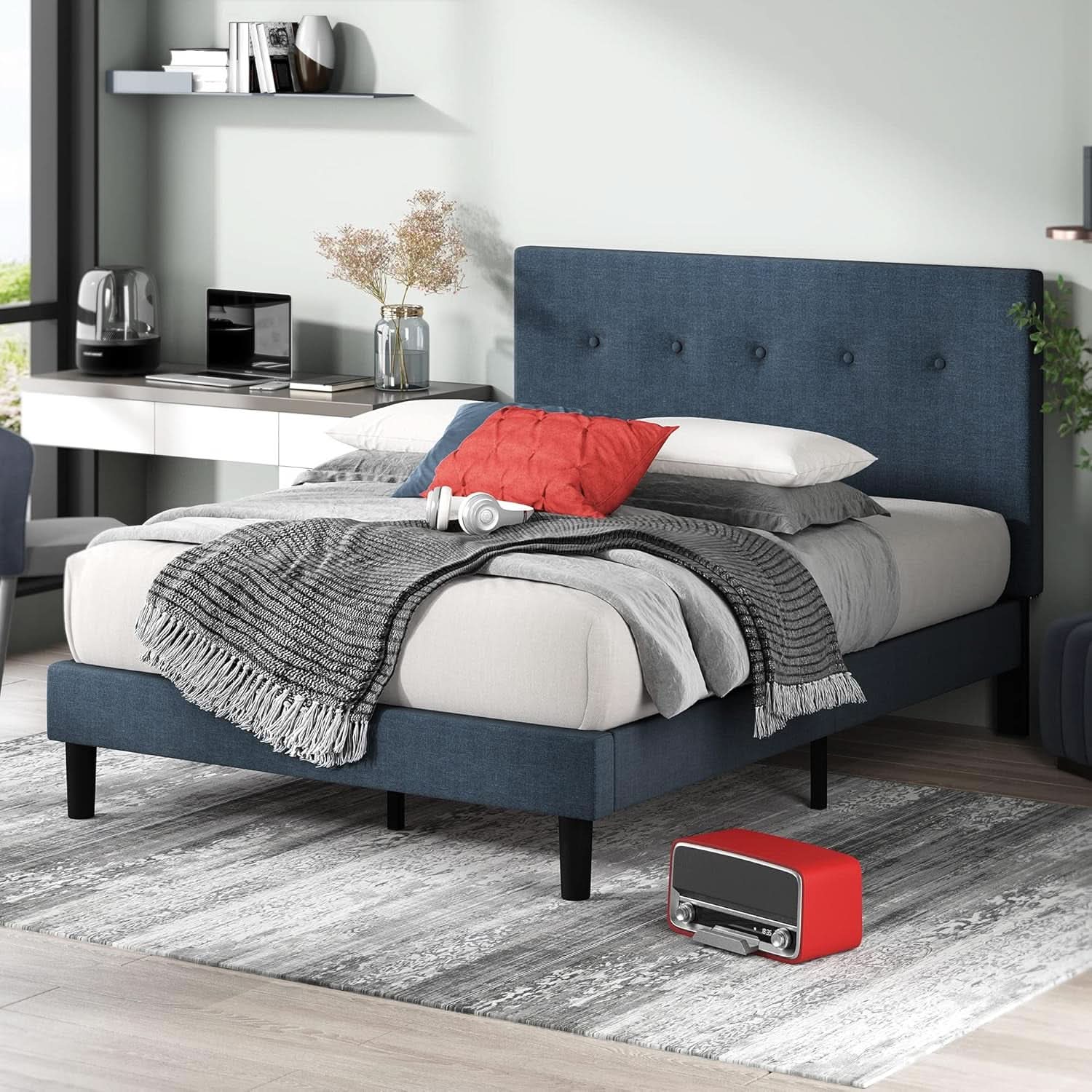 Omkaram Navy Upholstered Platform Bed Frame No Box Spring