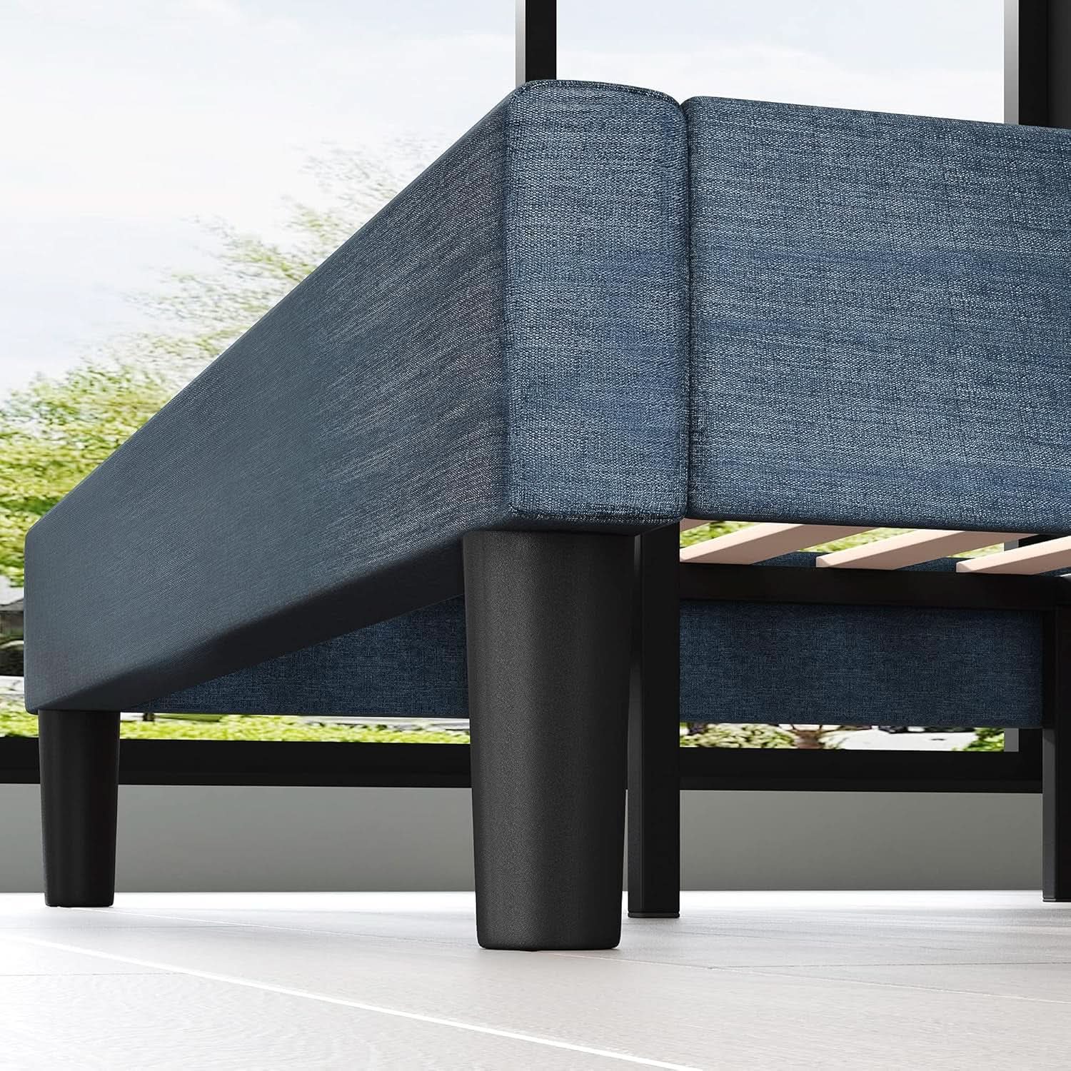 Omkaram Navy Upholstered Platform Bed Frame No Box Spring