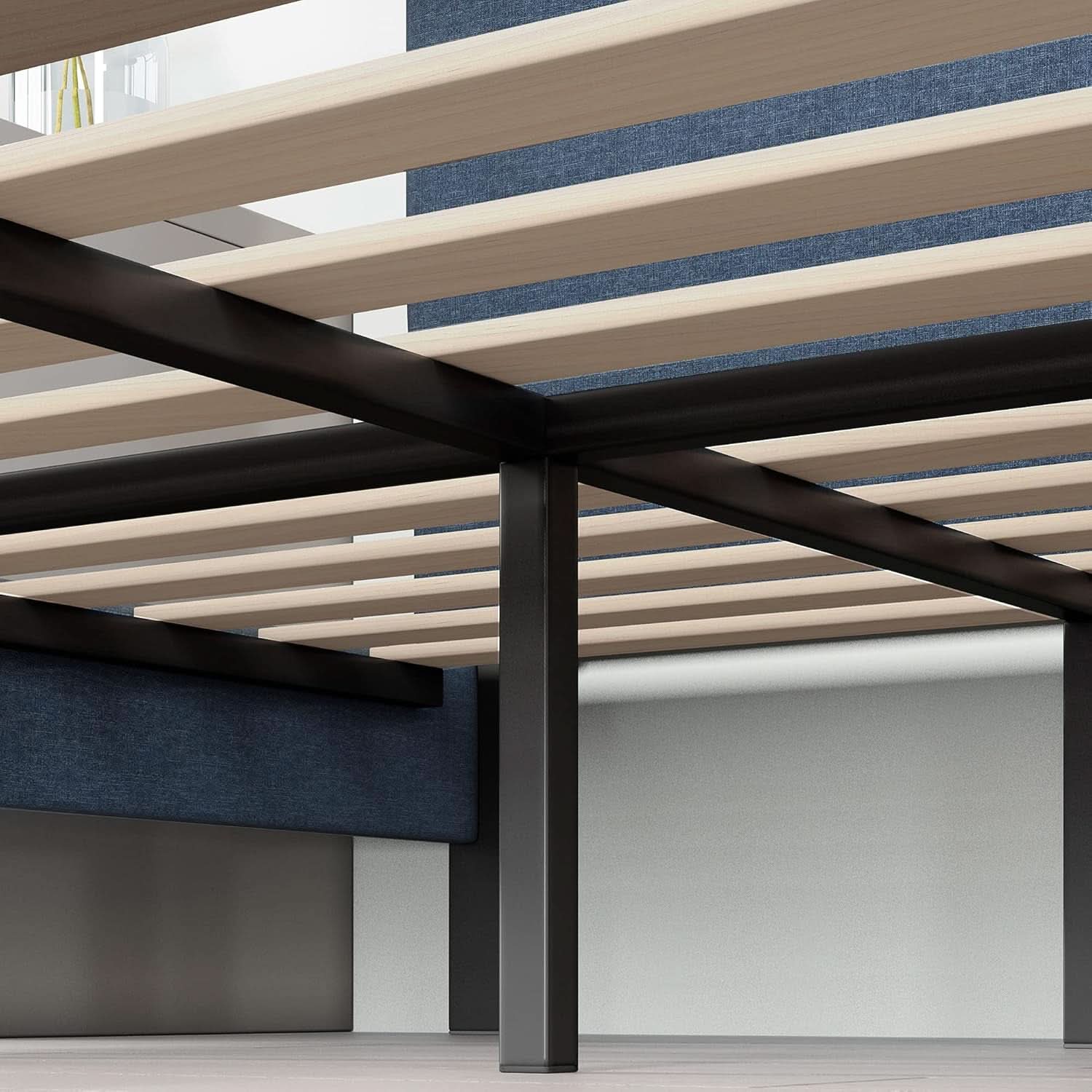 Omkaram Navy Upholstered Platform Bed Frame No Box Spring