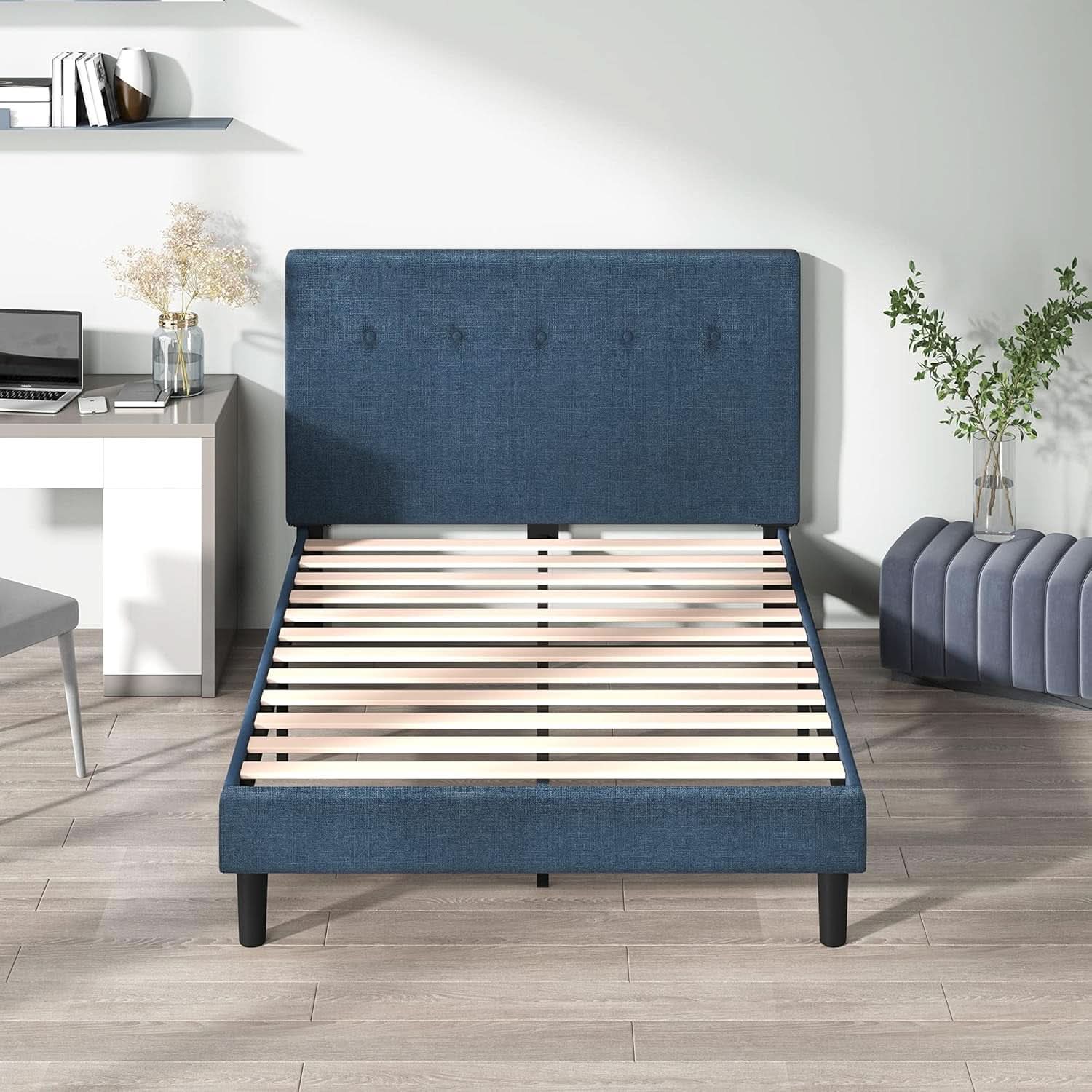 Omkaram Navy Upholstered Platform Bed Frame No Box Spring