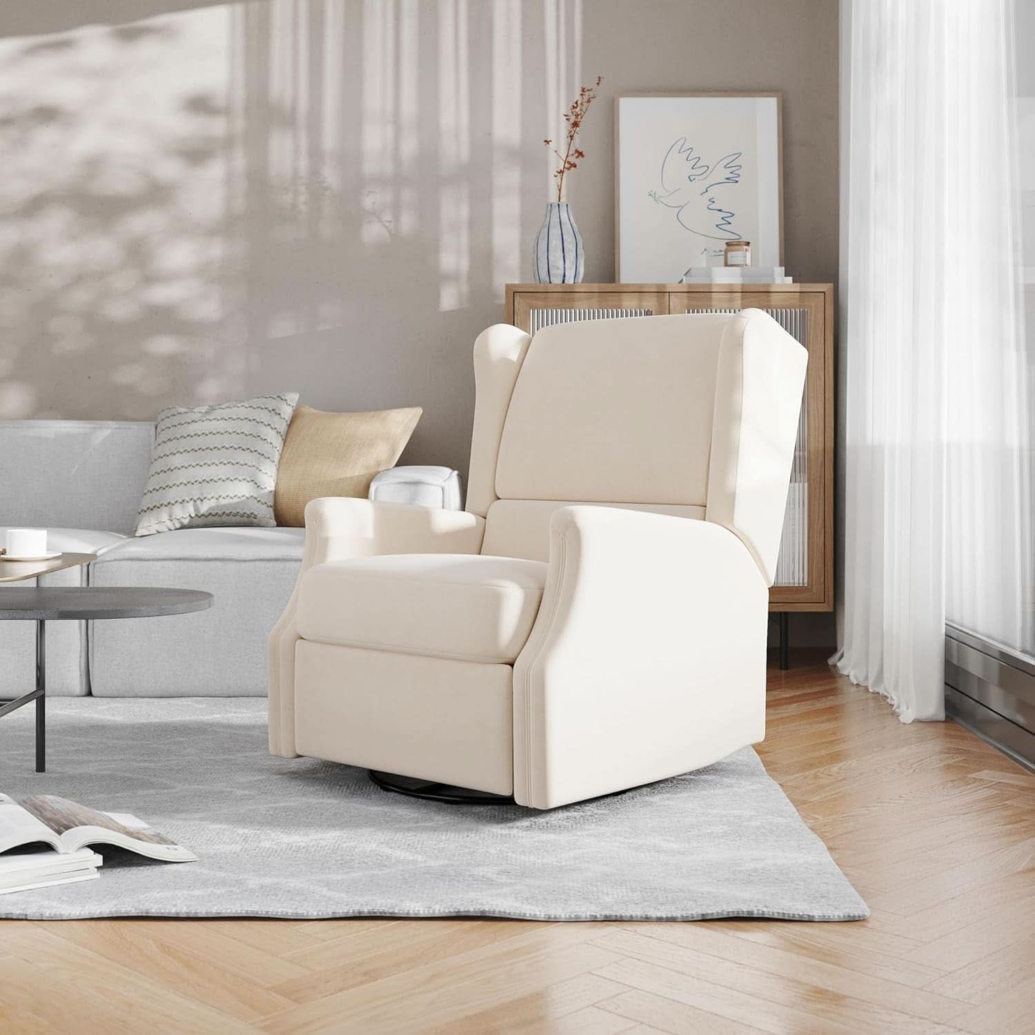 Omma Swivel Glider Rocking Recliner Cream Upholstered 3In1