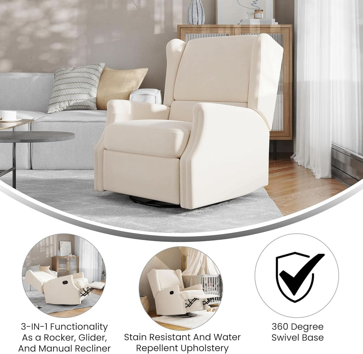 Omma Swivel Glider Rocking Recliner Cream Upholstered 3In1