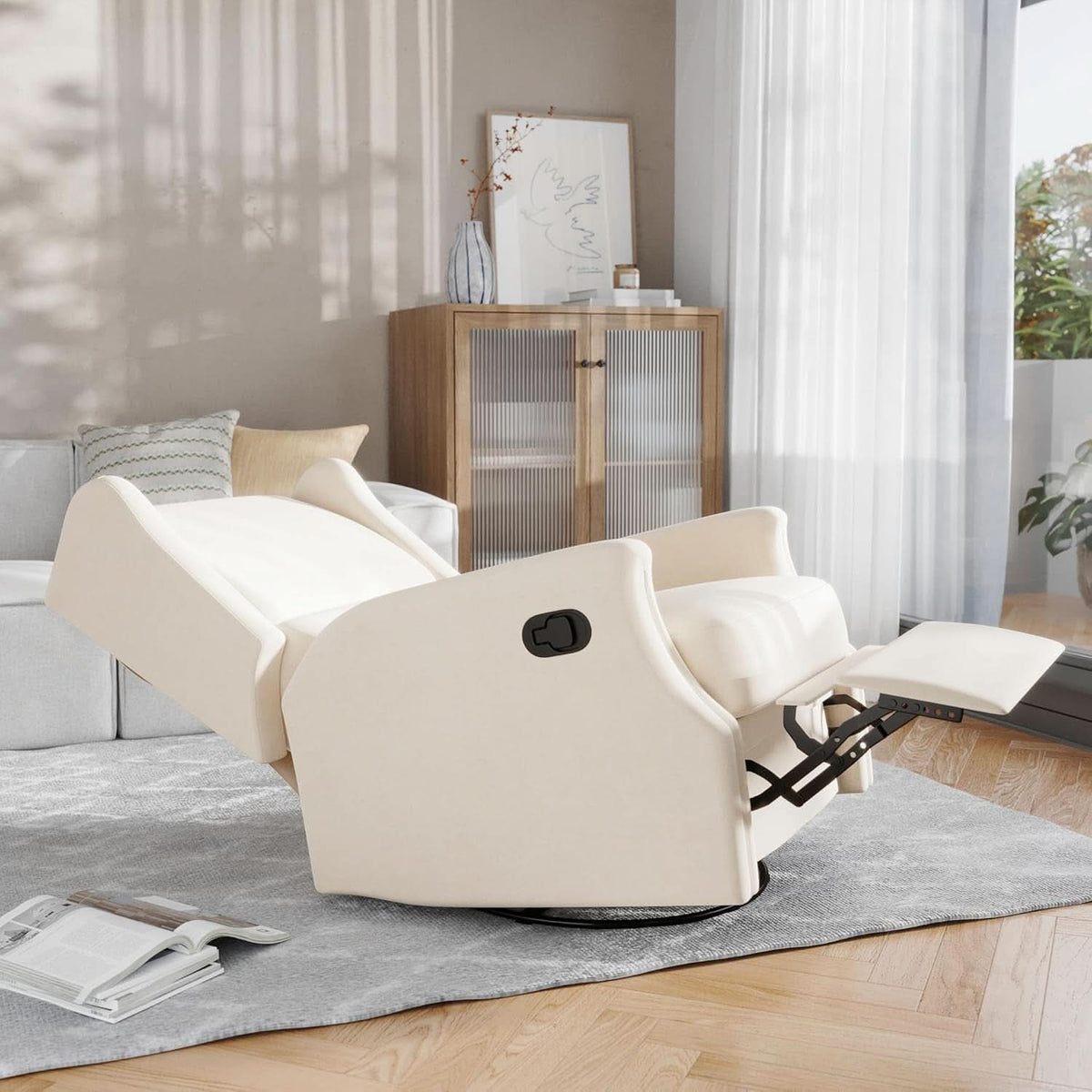 Omma Swivel Glider Rocking Recliner Cream Upholstered 3In1