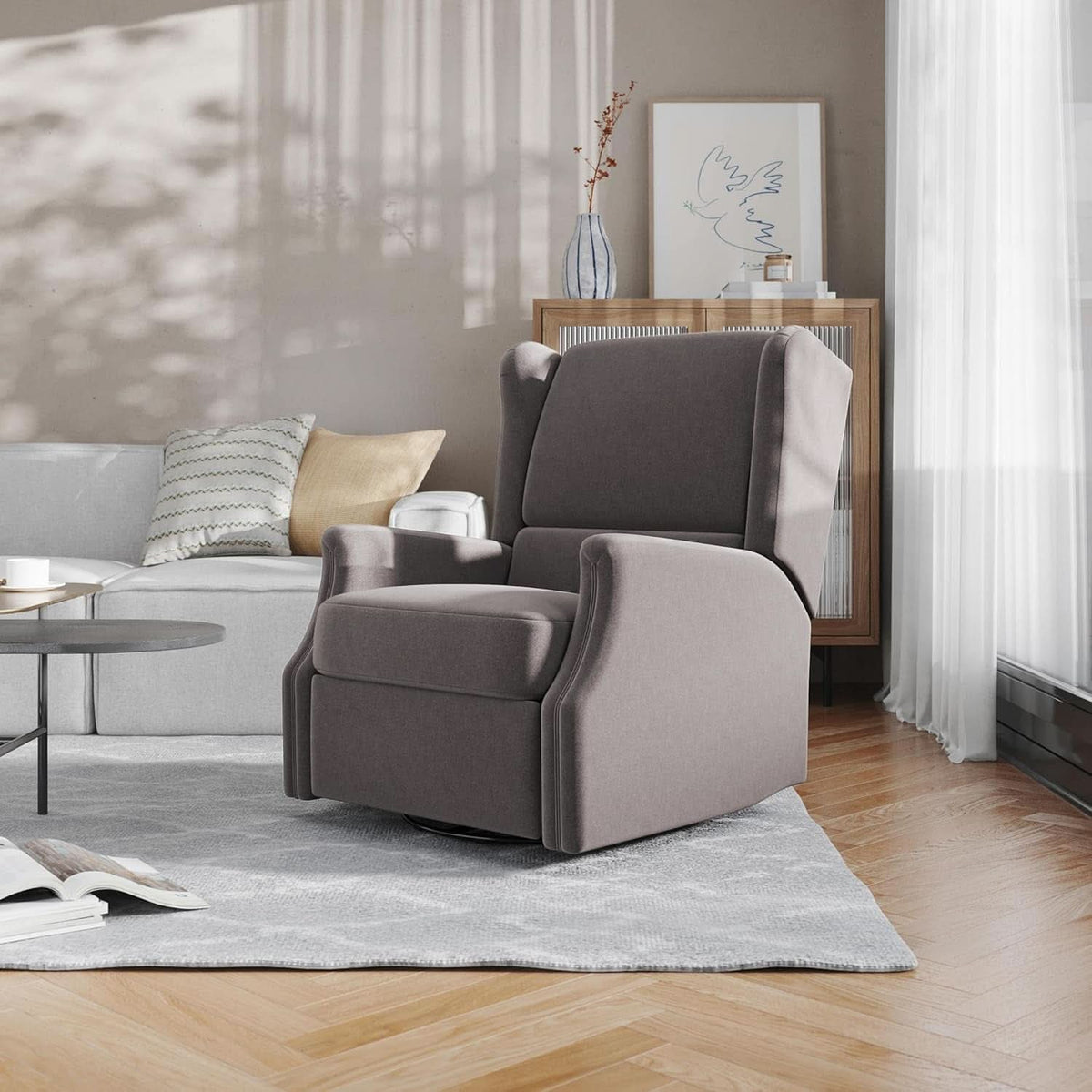 Omma Wingback Swivel Glider Recliner Dark Gray Upholstered