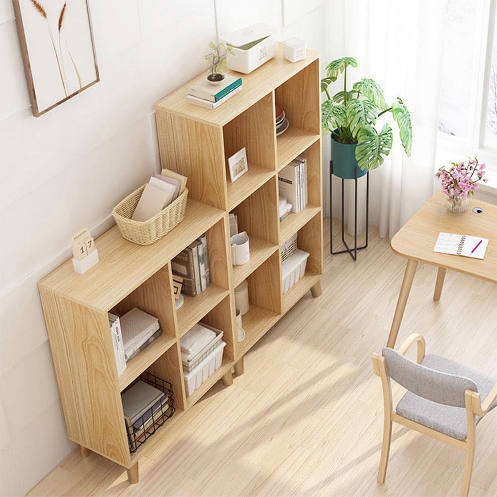 Open Cube Low Bookcase 3 Tier Freestanding Oak Finish