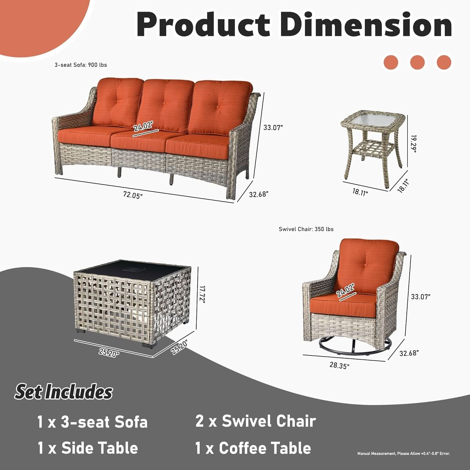 Orange 5 Piece Outdoor Patio Furniture Set With 3 Seat Sofa