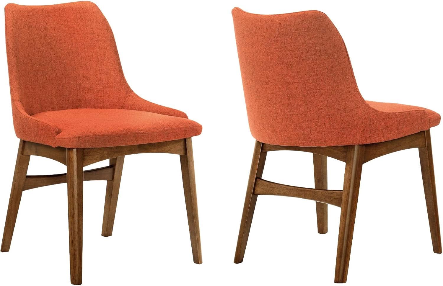 Orange Fabric and Walnut Wood Dining Side Chairs Set of 2