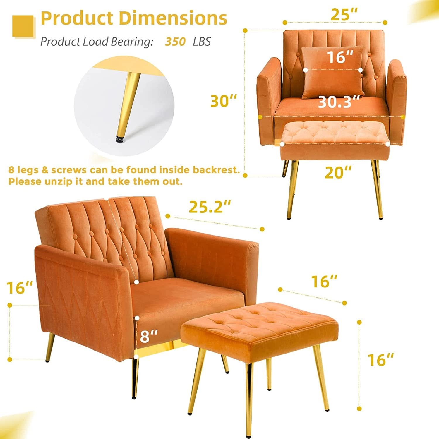 Orange Velvet Accent Chair With Adjustable Armrests And Backrest
