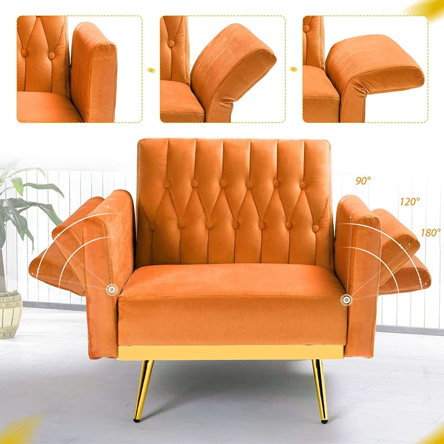 Orange Velvet Accent Chair With Adjustable Armrests And Backrest